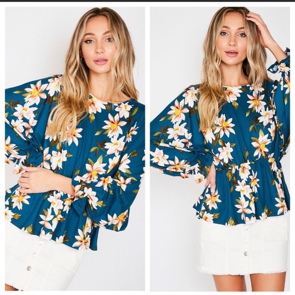 NEW Boutique Top Teal Floral Cinched Blouse Med M - Picture 3 of 7